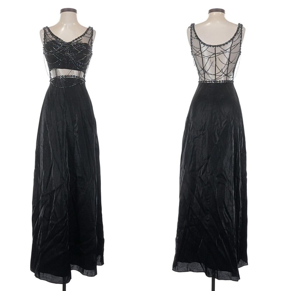 Vintage Y2K Xcite Prom Gown Maxi Dress Beaded Sheer Gothic Metallic Size 4